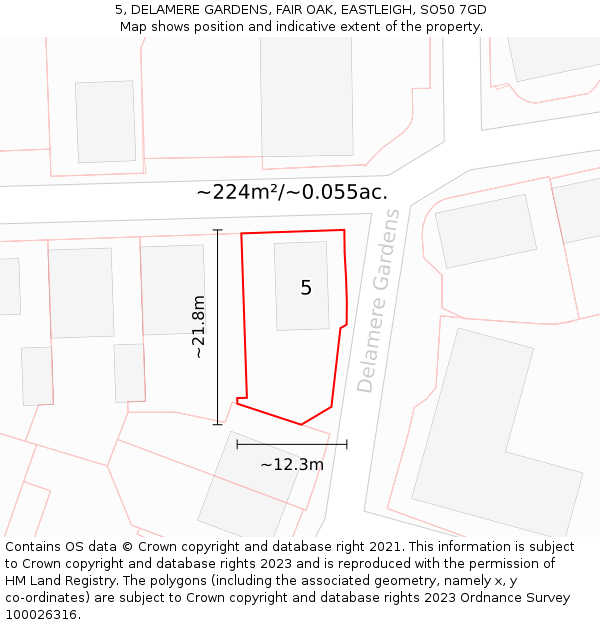 5, DELAMERE GARDENS, FAIR OAK, EASTLEIGH, SO50 7GD: Plot and title map