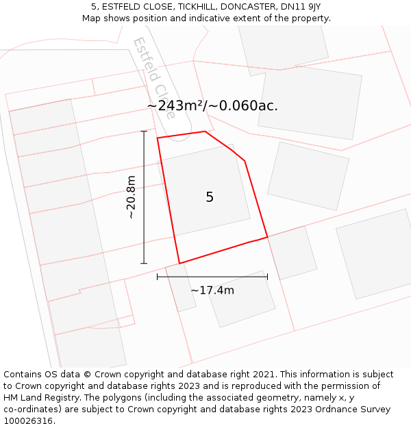 5, ESTFELD CLOSE, TICKHILL, DONCASTER, DN11 9JY: Plot and title map