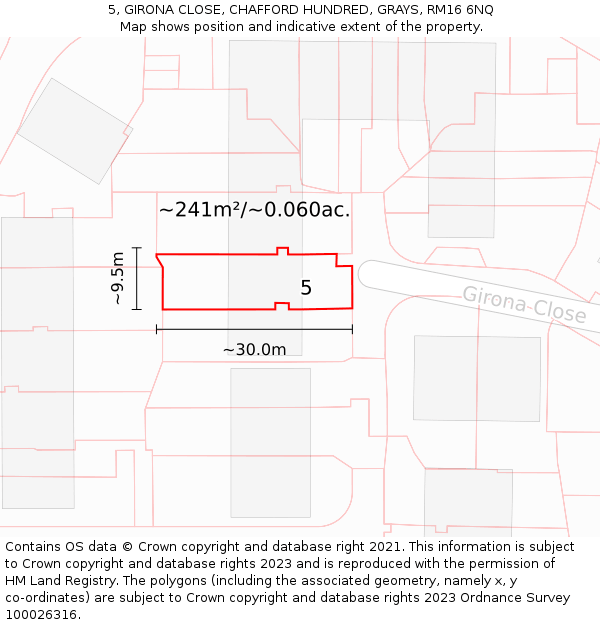 5, GIRONA CLOSE, CHAFFORD HUNDRED, GRAYS, RM16 6NQ: Plot and title map