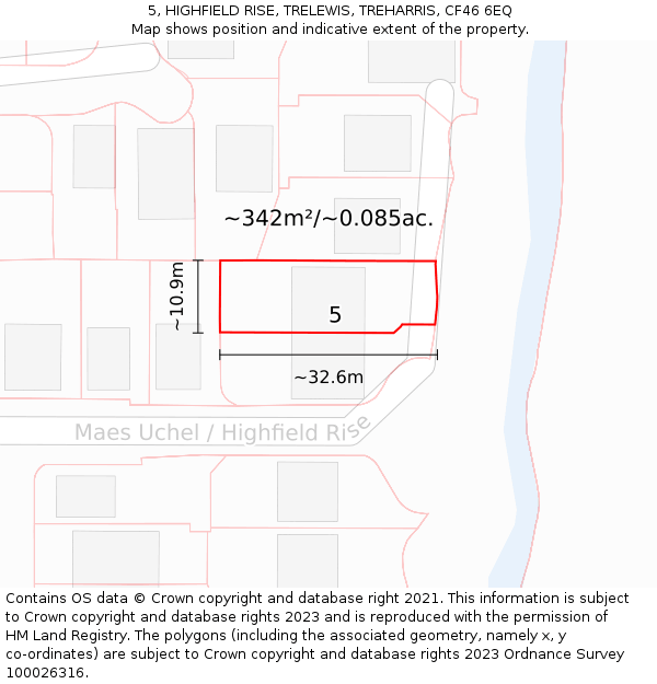5, HIGHFIELD RISE, TRELEWIS, TREHARRIS, CF46 6EQ: Plot and title map