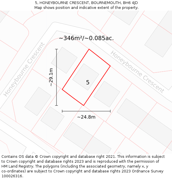 5, HONEYBOURNE CRESCENT, BOURNEMOUTH, BH6 4JD: Plot and title map