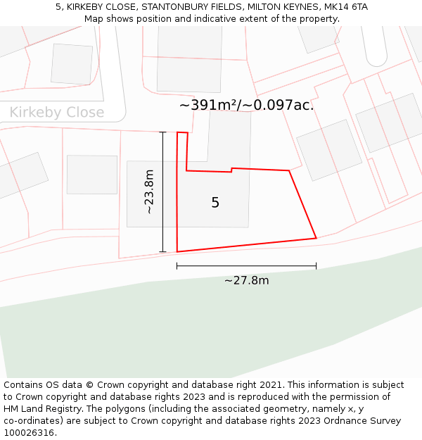 5, KIRKEBY CLOSE, STANTONBURY FIELDS, MILTON KEYNES, MK14 6TA: Plot and title map