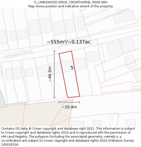 5, LARKSWOOD DRIVE, CROWTHORNE, RG45 6RH: Plot and title map