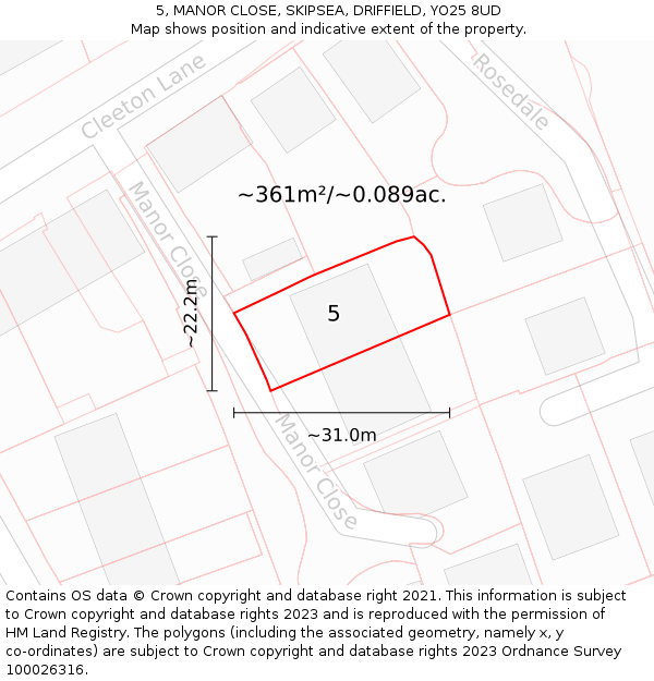 5, MANOR CLOSE, SKIPSEA, DRIFFIELD, YO25 8UD: Plot and title map