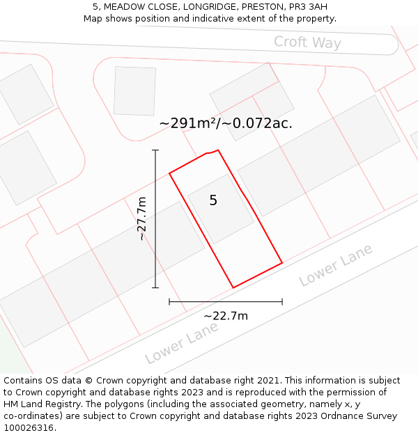 5, MEADOW CLOSE, LONGRIDGE, PRESTON, PR3 3AH: Plot and title map