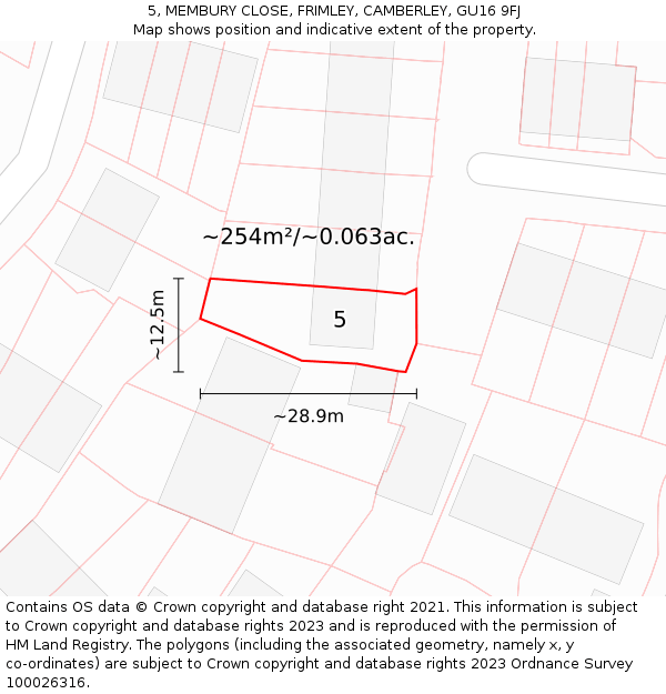 5, MEMBURY CLOSE, FRIMLEY, CAMBERLEY, GU16 9FJ: Plot and title map