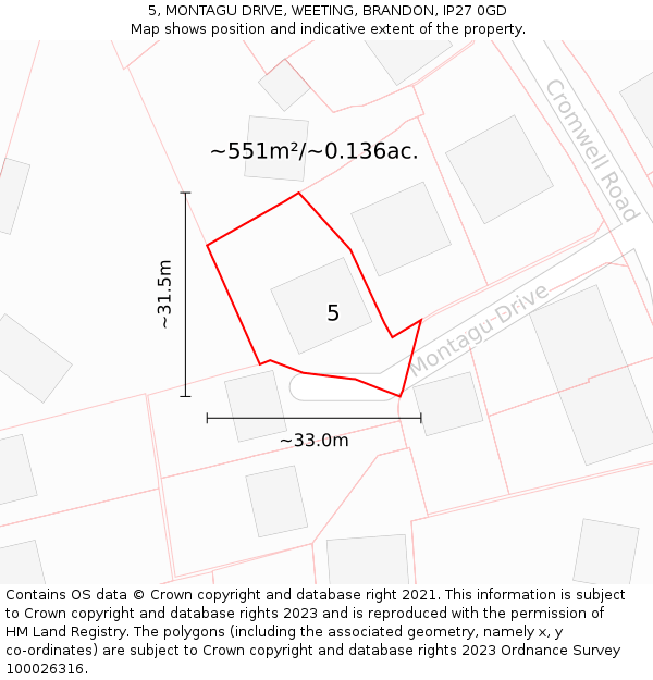 5, MONTAGU DRIVE, WEETING, BRANDON, IP27 0GD: Plot and title map