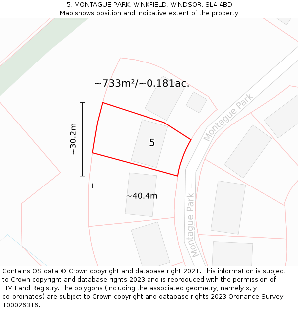 5, MONTAGUE PARK, WINKFIELD, WINDSOR, SL4 4BD: Plot and title map