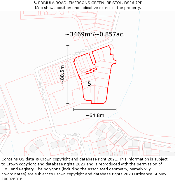 5, PRIMULA ROAD, EMERSONS GREEN, BRISTOL, BS16 7PP: Plot and title map