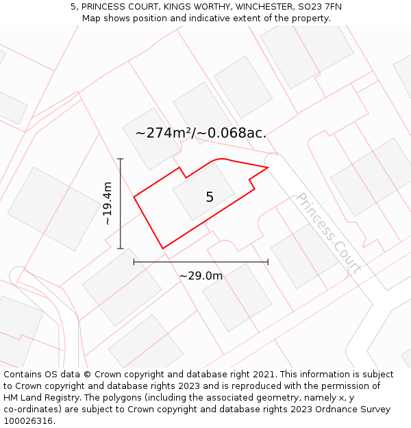 5, PRINCESS COURT, KINGS WORTHY, WINCHESTER, SO23 7FN: Plot and title map