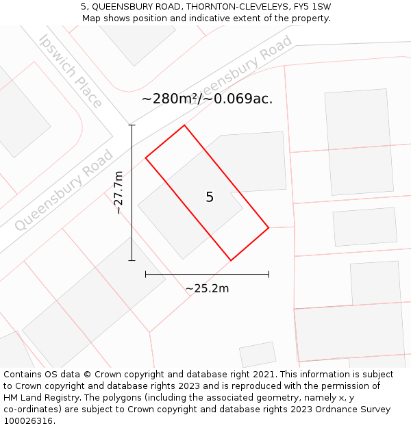 5, QUEENSBURY ROAD, THORNTON-CLEVELEYS, FY5 1SW: Plot and title map