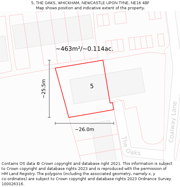 5, THE OAKS, WHICKHAM, NEWCASTLE UPON TYNE, NE16 4BF: Plot and title map