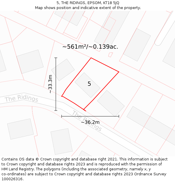 5, THE RIDINGS, EPSOM, KT18 5JQ: Plot and title map