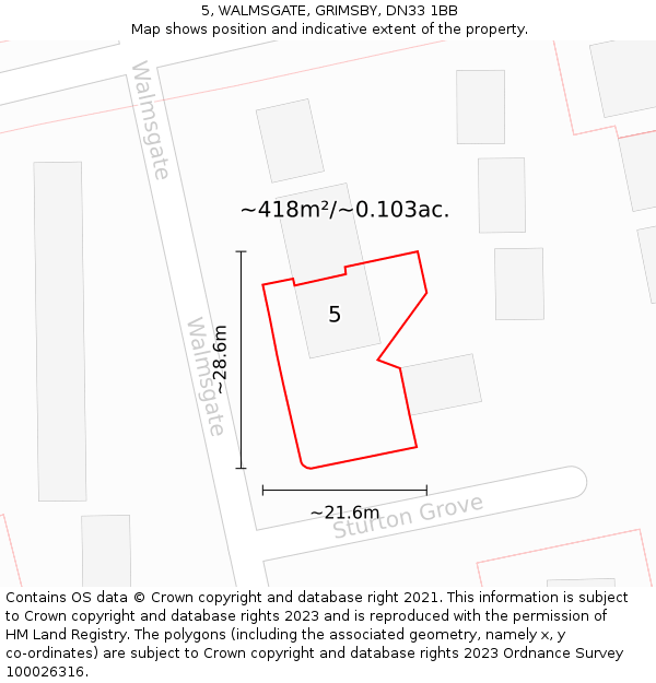 5, WALMSGATE, GRIMSBY, DN33 1BB: Plot and title map