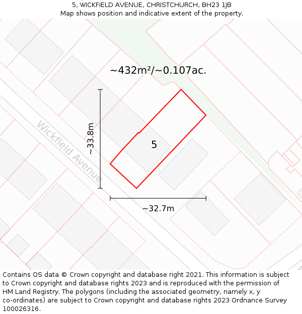 5, WICKFIELD AVENUE, CHRISTCHURCH, BH23 1JB: Plot and title map