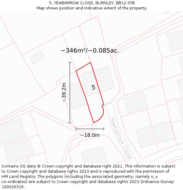 5, YEWBARROW CLOSE, BURNLEY, BB12 0TB: Plot and title map