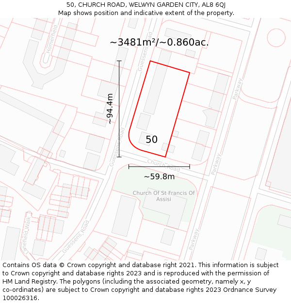 50, CHURCH ROAD, WELWYN GARDEN CITY, AL8 6QJ: Plot and title map