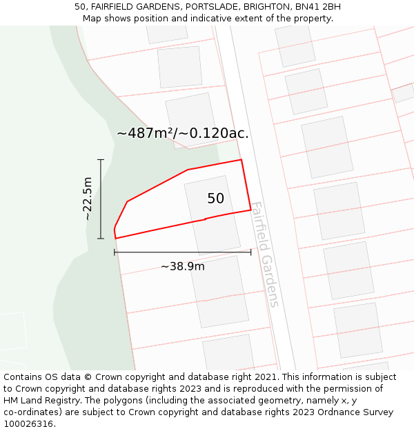 50, FAIRFIELD GARDENS, PORTSLADE, BRIGHTON, BN41 2BH: Plot and title map