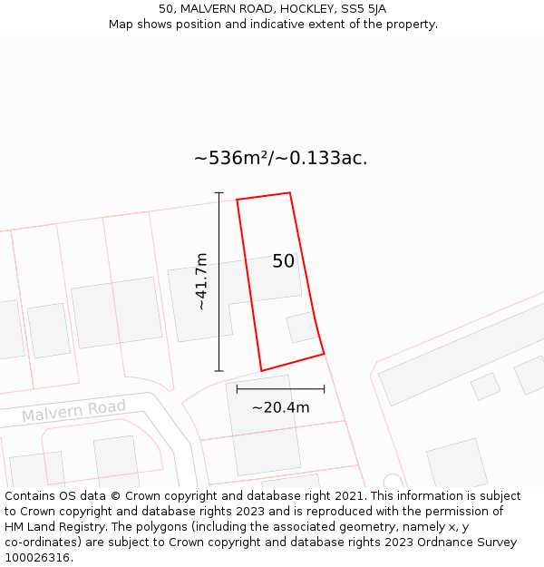 50, MALVERN ROAD, HOCKLEY, SS5 5JA: Plot and title map