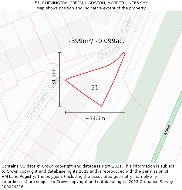 51, CHEVINGTON GREEN, HADSTON, MORPETH, NE65 9AX: Plot and title map