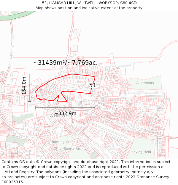 51, HANGAR HILL, WHITWELL, WORKSOP, S80 4SD: Plot and title map