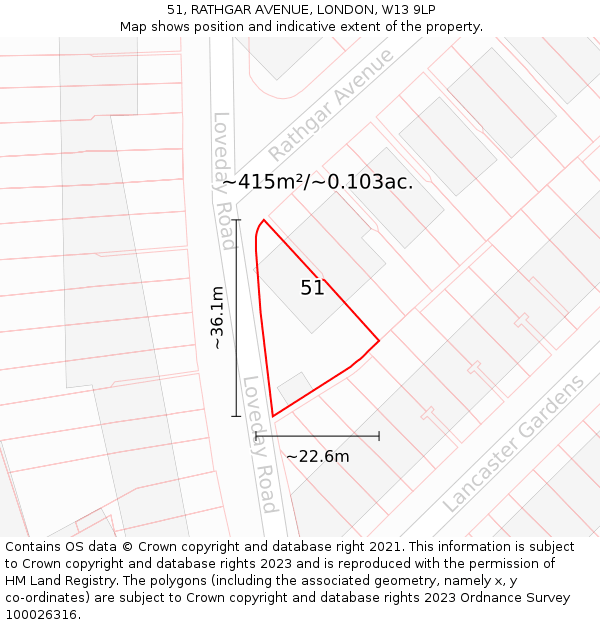 51, RATHGAR AVENUE, LONDON, W13 9LP: Plot and title map