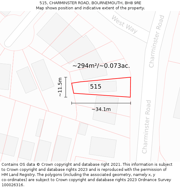 515, CHARMINSTER ROAD, BOURNEMOUTH, BH8 9RE: Plot and title map