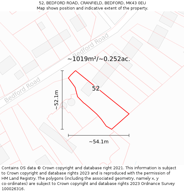 52, BEDFORD ROAD, CRANFIELD, BEDFORD, MK43 0EU: Plot and title map