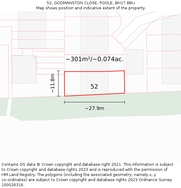 52, GODMANSTON CLOSE, POOLE, BH17 8BU: Plot and title map