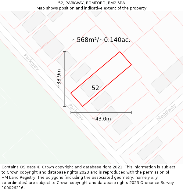 52, PARKWAY, ROMFORD, RM2 5PA: Plot and title map