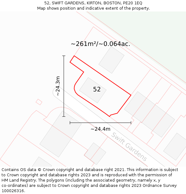 52, SWIFT GARDENS, KIRTON, BOSTON, PE20 1EQ: Plot and title map