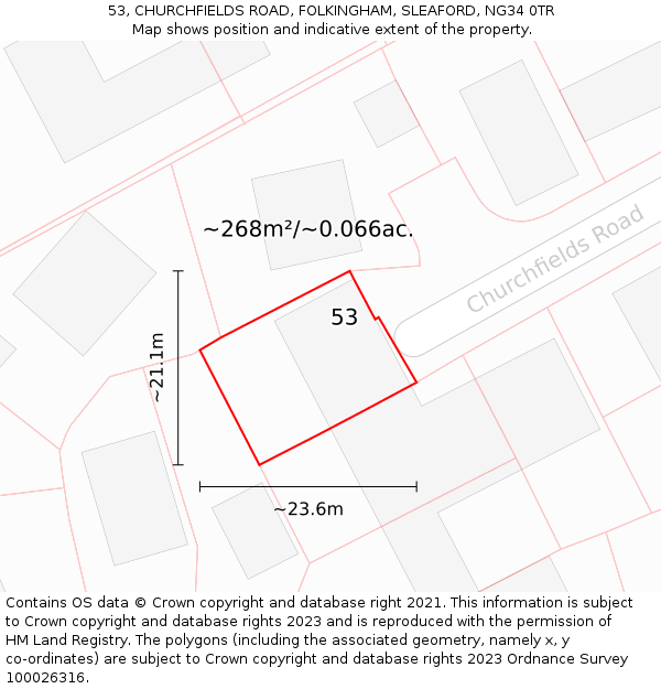 53, CHURCHFIELDS ROAD, FOLKINGHAM, SLEAFORD, NG34 0TR: Plot and title map