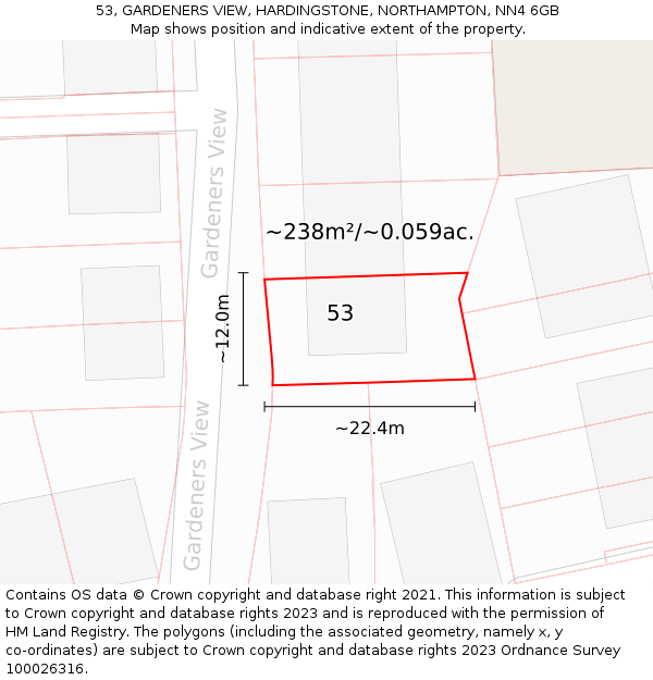 53, GARDENERS VIEW, HARDINGSTONE, NORTHAMPTON, NN4 6GB: Plot and title map