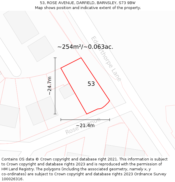 53, ROSE AVENUE, DARFIELD, BARNSLEY, S73 9BW: Plot and title map