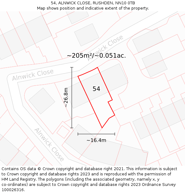 54, ALNWICK CLOSE, RUSHDEN, NN10 0TB: Plot and title map