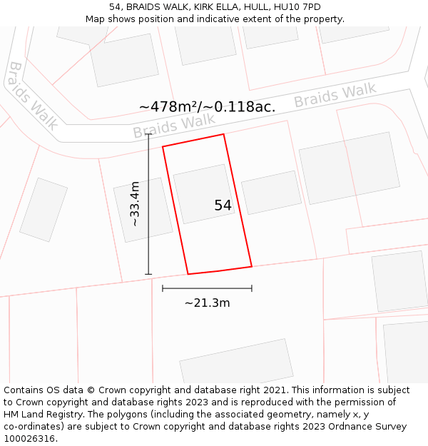 54, BRAIDS WALK, KIRK ELLA, HULL, HU10 7PD: Plot and title map