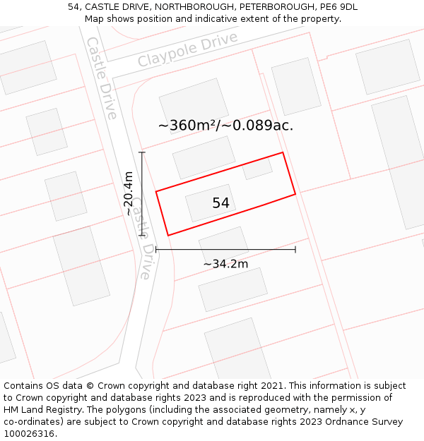 54, CASTLE DRIVE, NORTHBOROUGH, PETERBOROUGH, PE6 9DL: Plot and title map