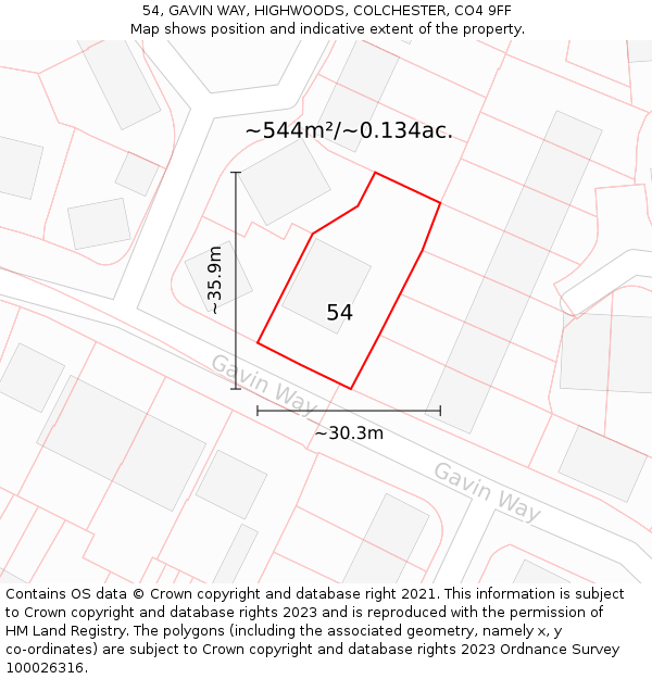 54, GAVIN WAY, HIGHWOODS, COLCHESTER, CO4 9FF: Plot and title map