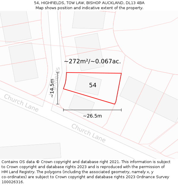 54, HIGHFIELDS, TOW LAW, BISHOP AUCKLAND, DL13 4BA: Plot and title map