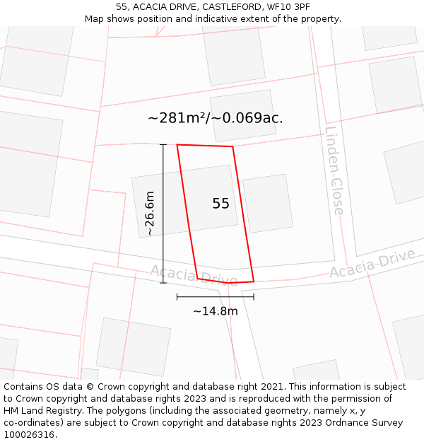 55, ACACIA DRIVE, CASTLEFORD, WF10 3PF: Plot and title map