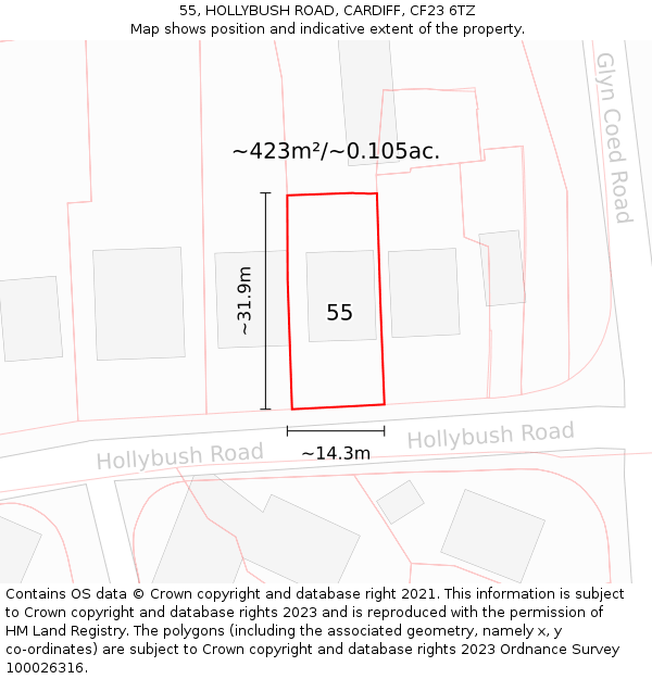 55, HOLLYBUSH ROAD, CARDIFF, CF23 6TZ: Plot and title map