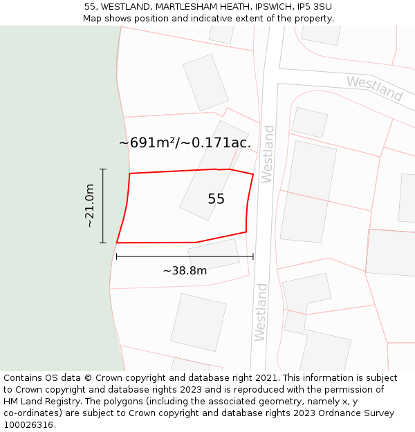 55, WESTLAND, MARTLESHAM HEATH, IPSWICH, IP5 3SU: Plot and title map