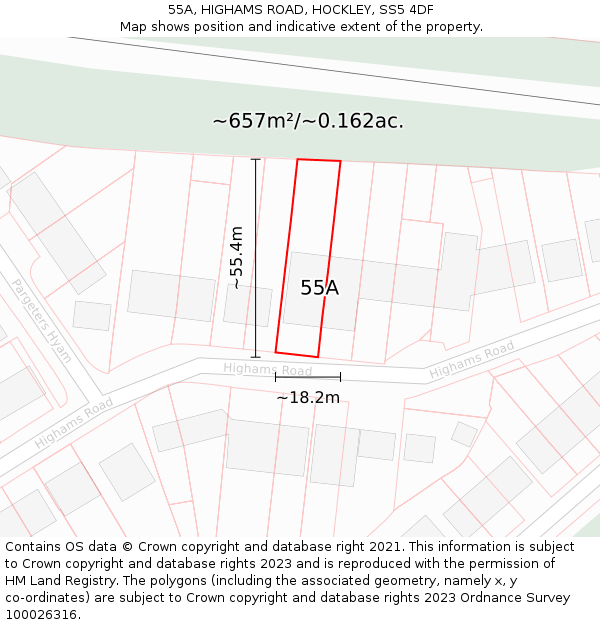 55A, HIGHAMS ROAD, HOCKLEY, SS5 4DF: Plot and title map