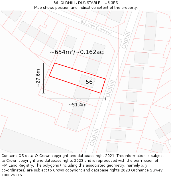 56, OLDHILL, DUNSTABLE, LU6 3ES: Plot and title map