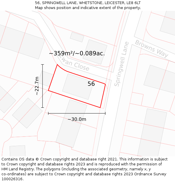 56, SPRINGWELL LANE, WHETSTONE, LEICESTER, LE8 6LT: Plot and title map