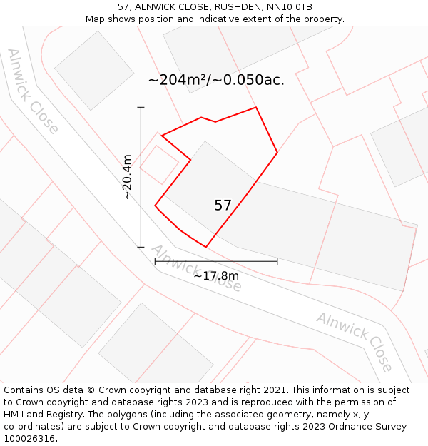 57, ALNWICK CLOSE, RUSHDEN, NN10 0TB: Plot and title map