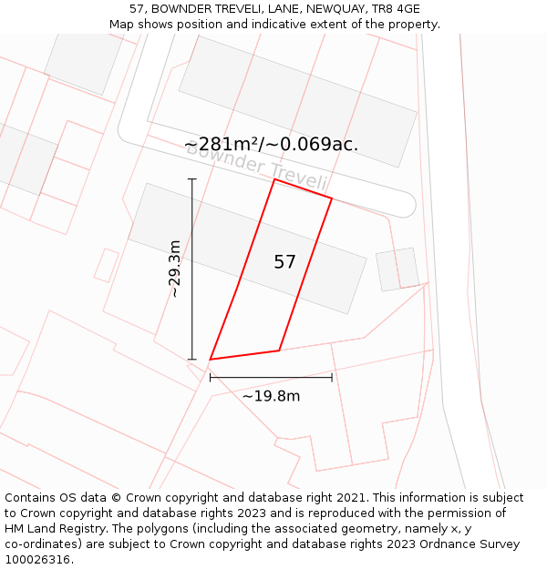 57, BOWNDER TREVELI, LANE, NEWQUAY, TR8 4GE: Plot and title map