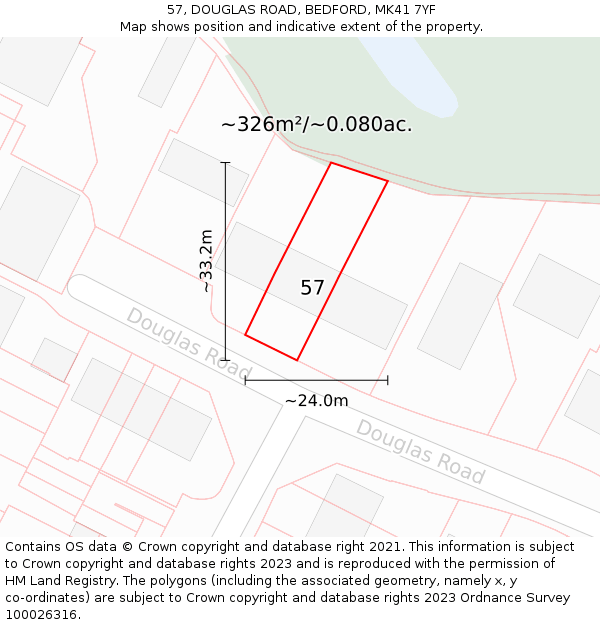 57, DOUGLAS ROAD, BEDFORD, MK41 7YF: Plot and title map