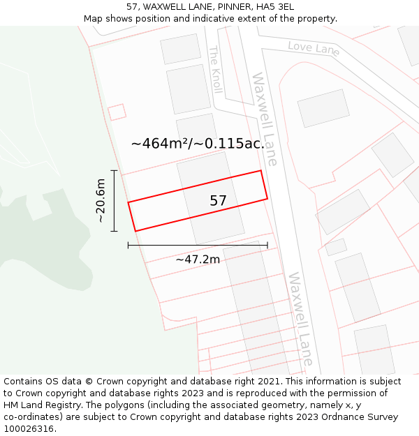 57, WAXWELL LANE, PINNER, HA5 3EL: Plot and title map