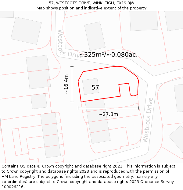 57, WESTCOTS DRIVE, WINKLEIGH, EX19 8JW: Plot and title map